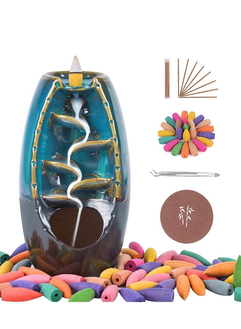 general Ceramic Backflow Incense Holder and Burner Waterfall with 120 Backflow Incense Cones + 30 Incense Stick Aromatherapy Ornament Home Decor - Image 1